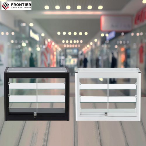counter top display case in silver with clear glass